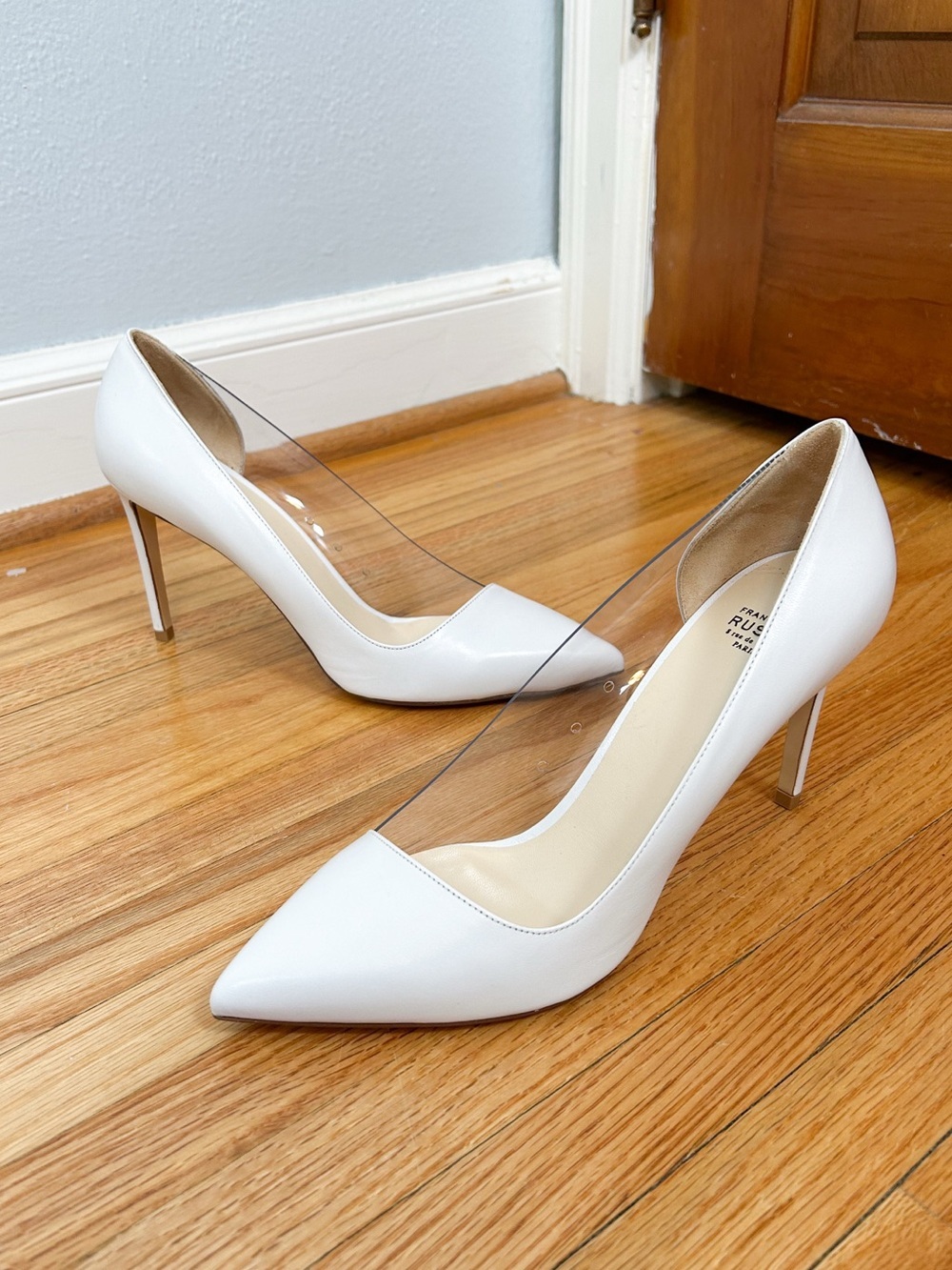 Francesco Russo White Pointed Toe Clear Panel Stiletto Pumps